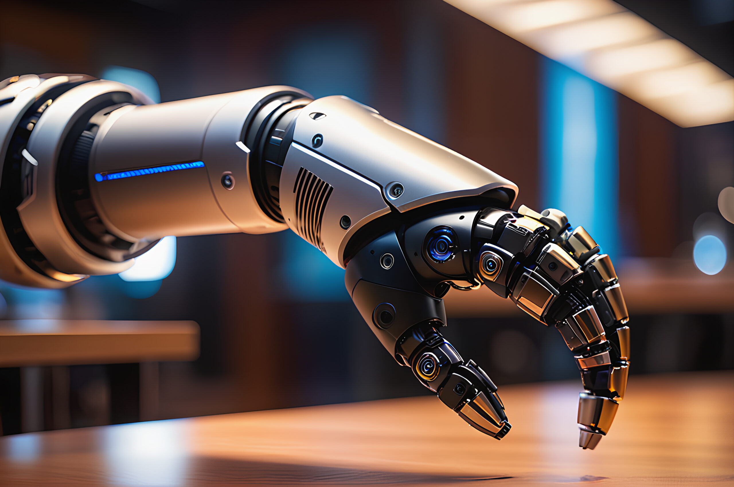 Bionic prosthetic arms are on a table. Bionic prosthetic arms are on a table.